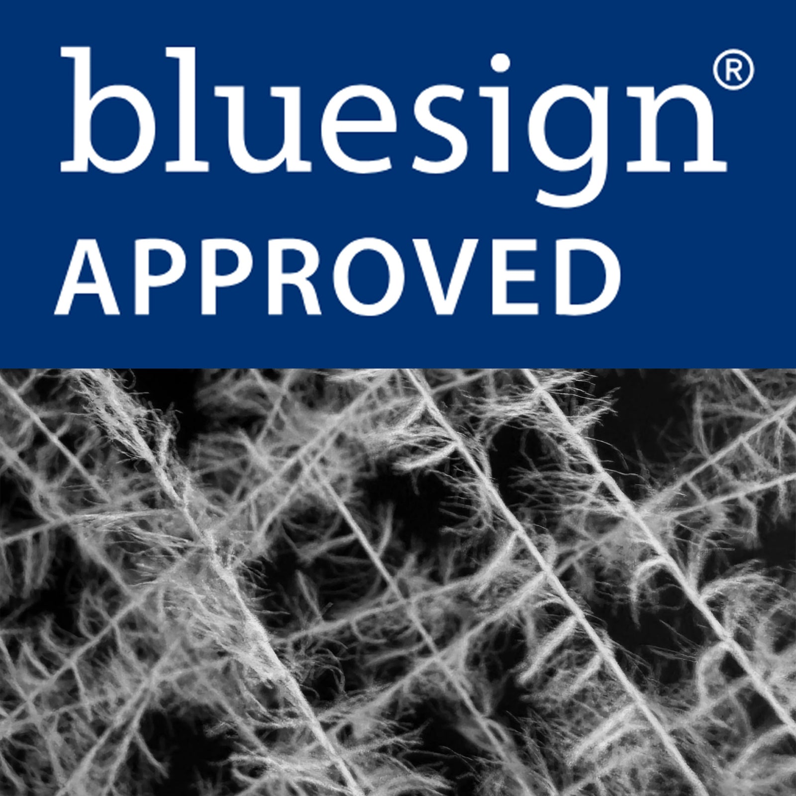 Bluesign approved logo with close-up of fabric fibres.