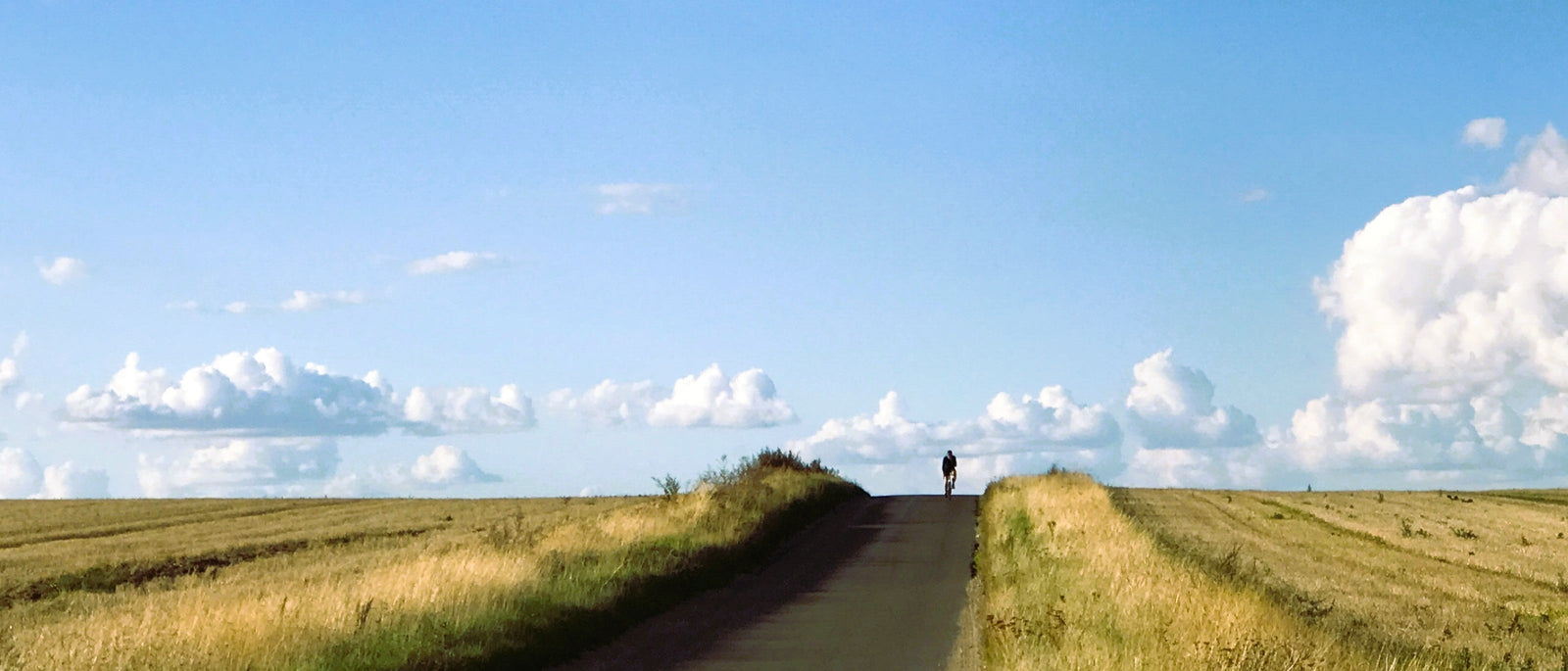 Bikepacker on The Old Chalk Way, silhouetted against the skyline, showing a deserted road and wide-open countryside.