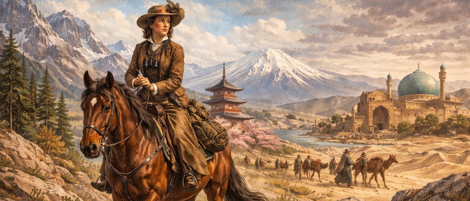 Stylised illustration of Isabella Bird on horseback with composite landscape background inspired by her global travels 