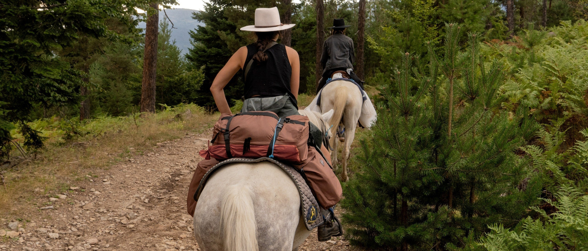 Two riders and horses on a horsepacking trail in Bulgaria
