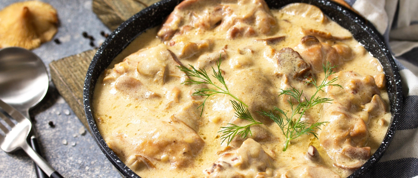 Poulet Breton in a pan, finished with foraged wild mushrooms and fresh herbs