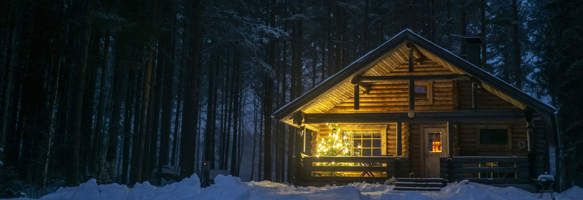 Log cabin in a snowy forest with a Christmas tree on the front porch