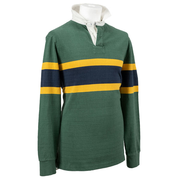 【BAON】Hawkins Stripe Collar Rugby Tee Black & Blue 1871 | Heritage Striped Rugby Shirt | Green